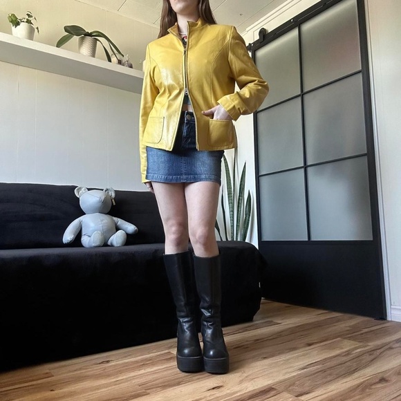 Vtg 1990s Rare Yellow Genuine Leather Double Zip Jacket - Crop Fit - Picture 3 of 8